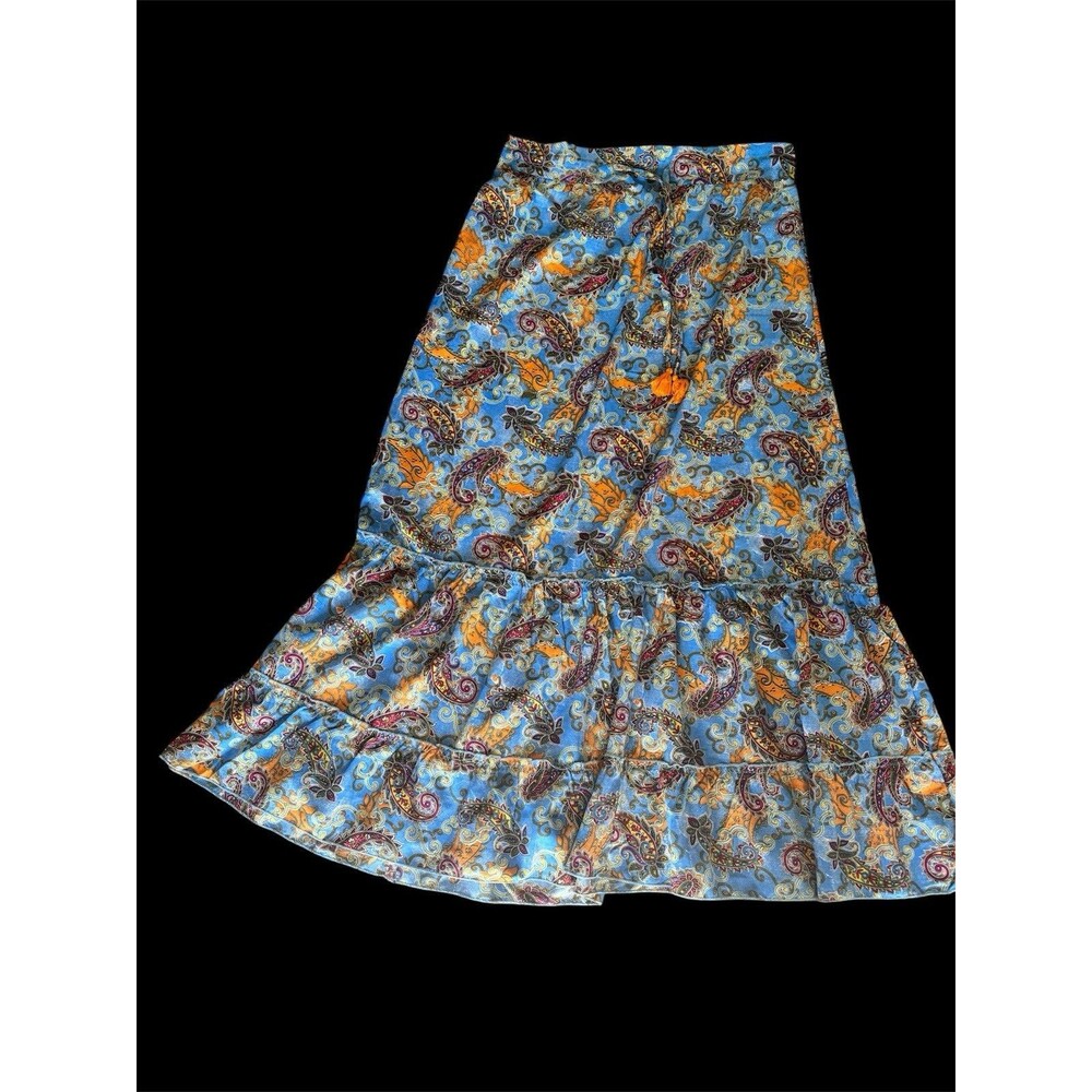Boho Paisley Tiered Maxi Peasant Gypsy Festival Skirt, Tassel Drawstring Sz L